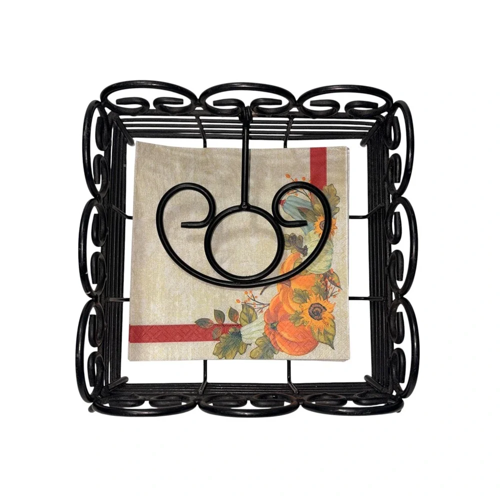 Black Wrought Iron Napkin Holder Square Scrollwork Metal Weighted Arm Farmhouse